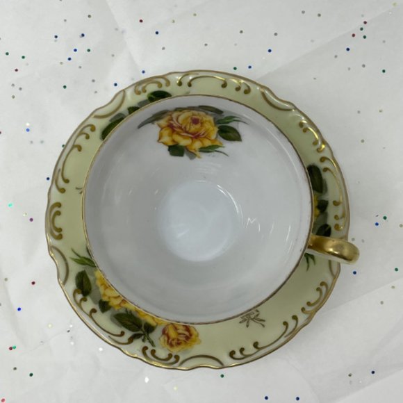 Vintage Lefton China Yellow Floral Peek a Boo Luster Wear Footed Teacup Saucer - Picture 8 of 10